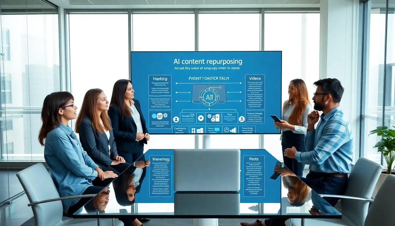 diverse team discussing AI content repurposing in a modern office.
