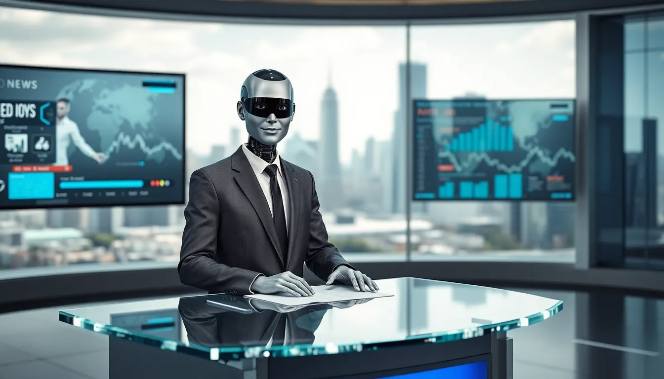AI news anchor presenting in a modern virtual studio.