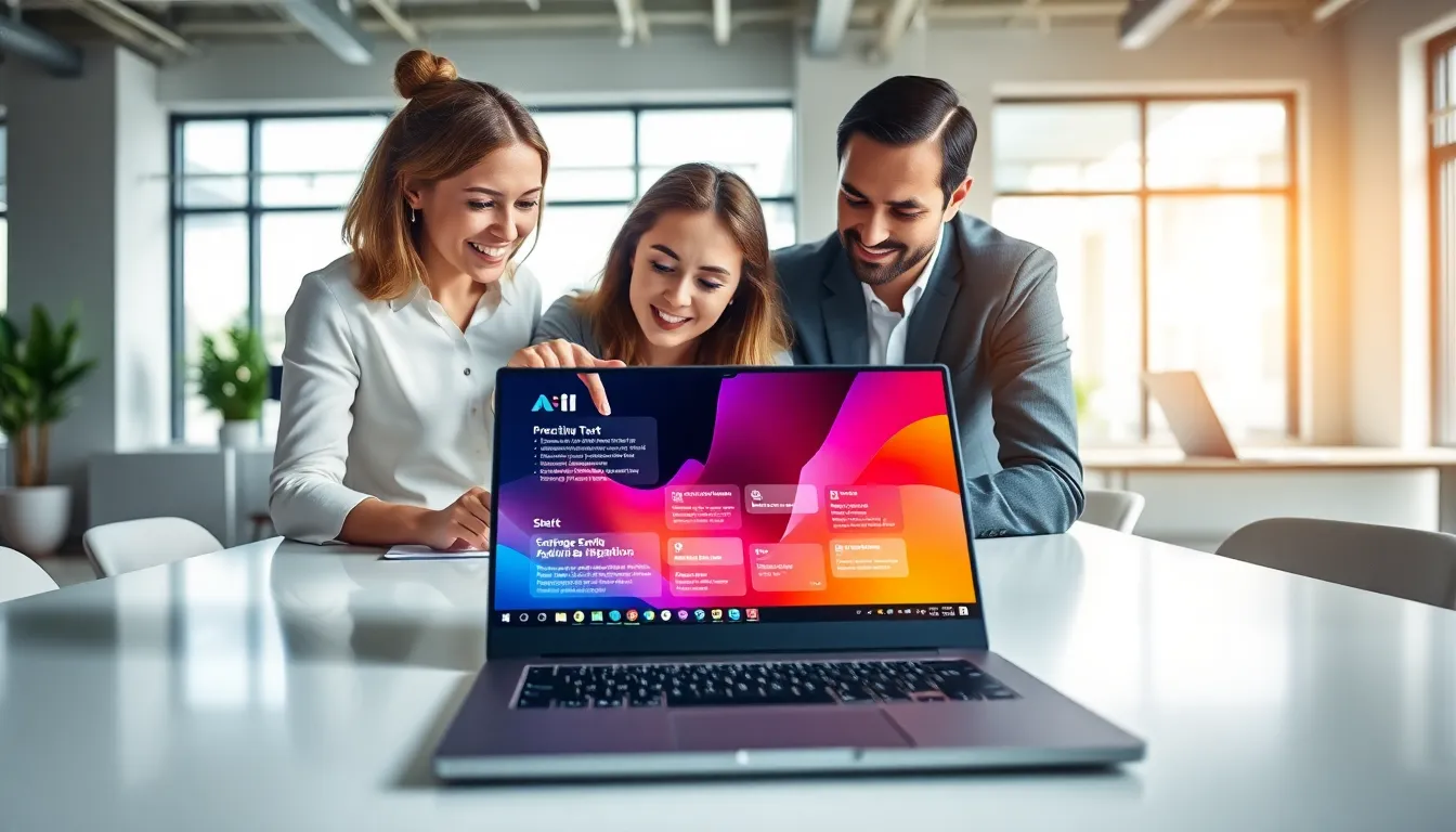 diverse team collaborating in a modern office around a Lenovo laptop.