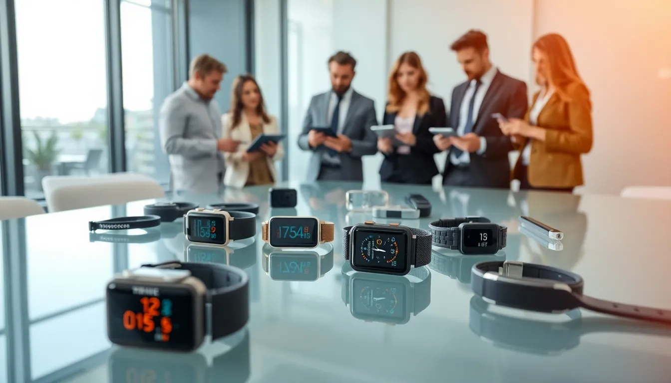 variety of wearable devices on a modern office table.