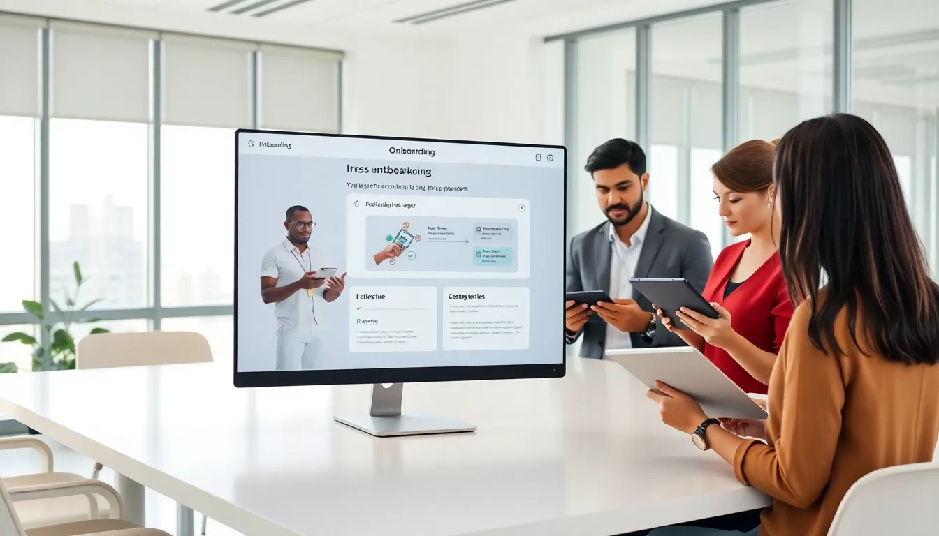 professionals engaging in a SaaS onboarding session in a modern office.