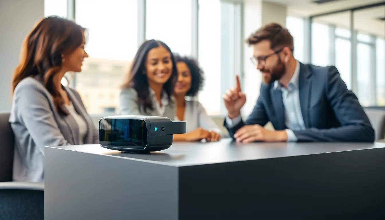 modern eye tracking wearable showcased in a collaborative office setting.