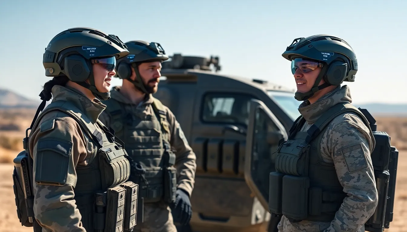soldiers discussing strategies with advanced military wearables in a field.