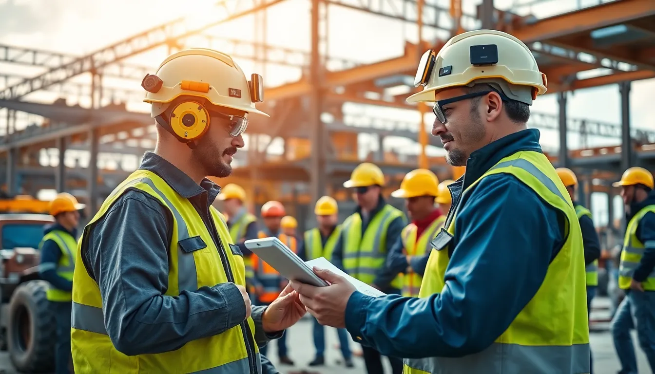 worker using advanced wearable technology on a construction site.