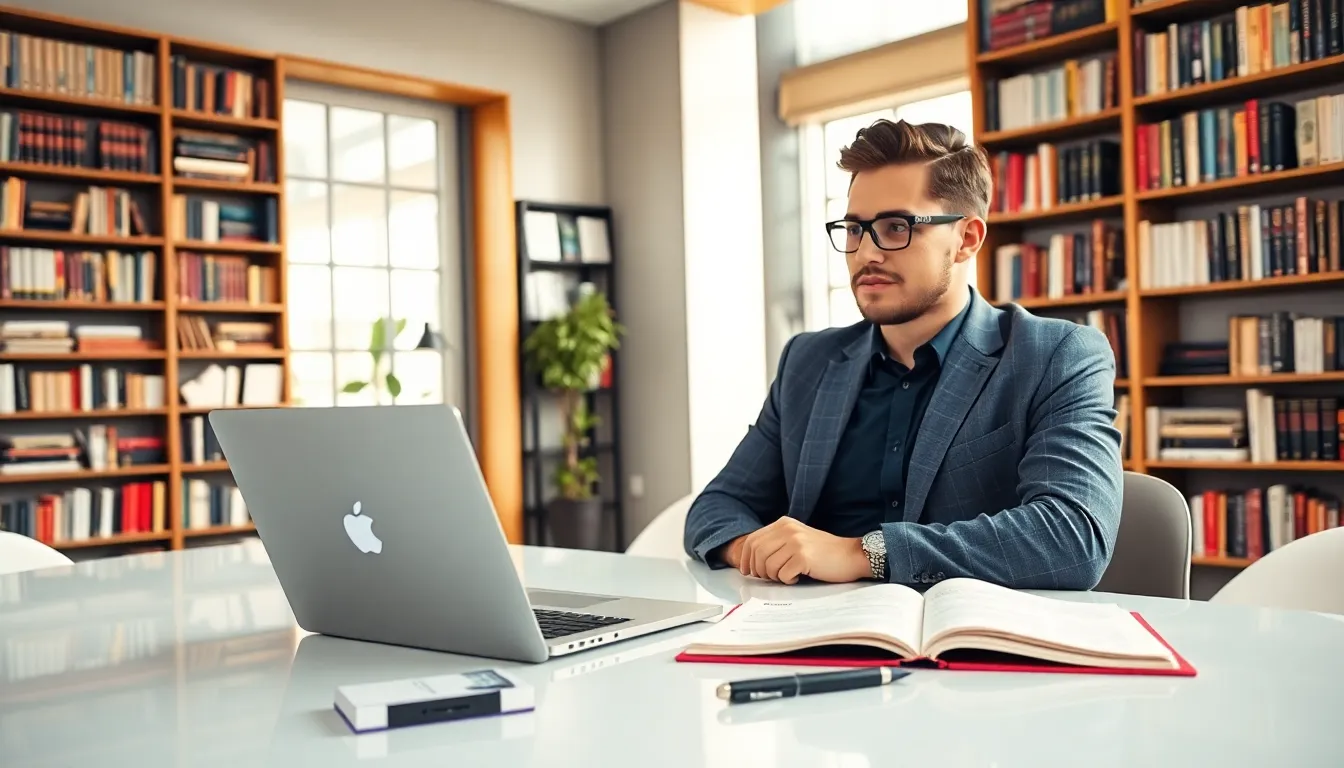 A writer using an AI biography generator at a modern workstation.