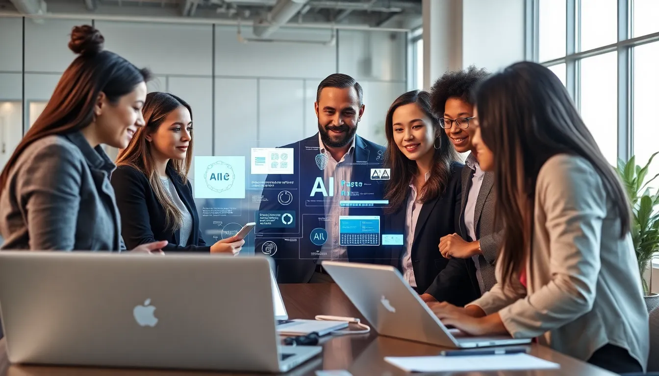 professionals collaborating on AI-generated content in a modern office.