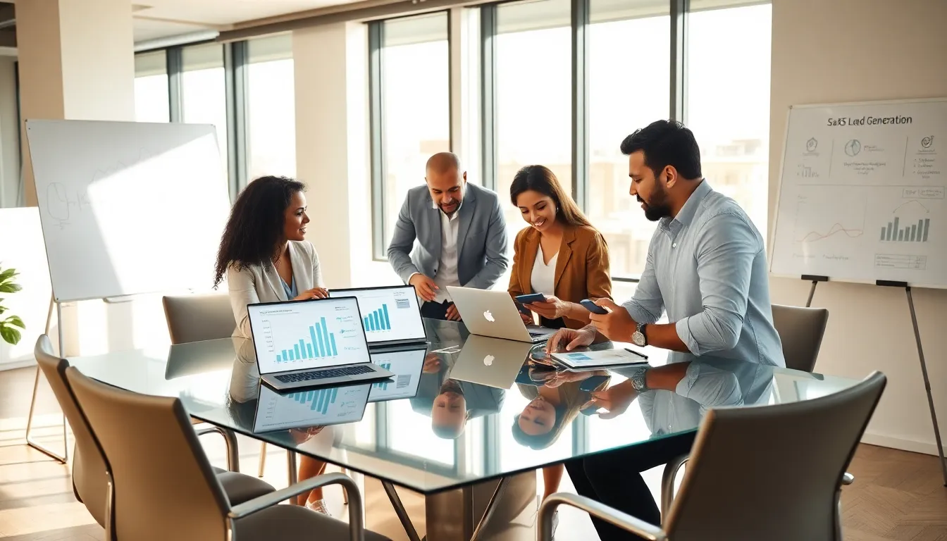 diverse team discussing SaaS lead generation strategies in a modern office.