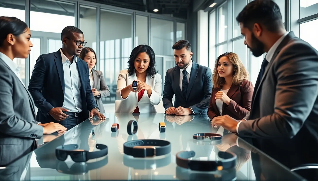 diverse team discussing wearable technology in a modern office.