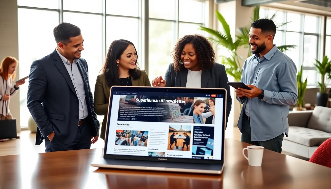 diverse professionals engaging with a Superhuman AI newsletter on a laptop.