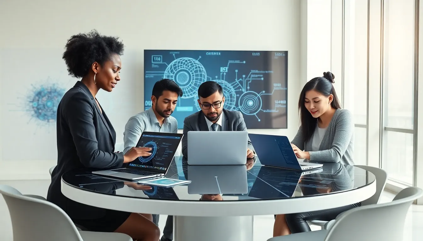 diverse team discussing artificial intelligence in a modern office setting.