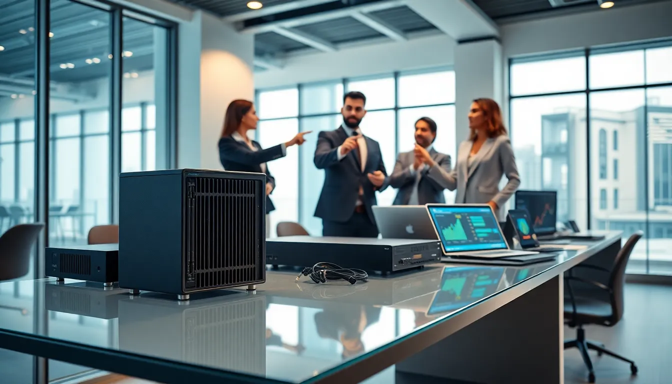 diverse professionals discussing Webbizmagnet hardware in a modern office.