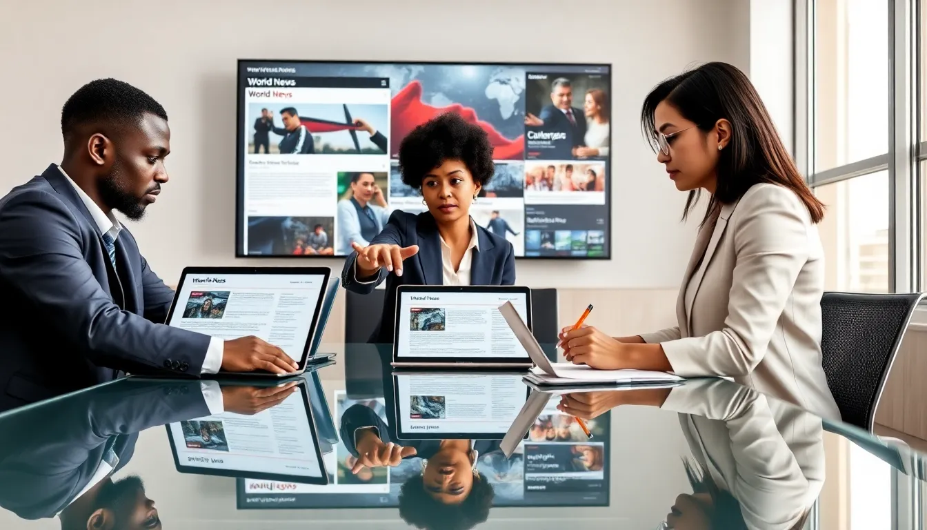 diverse professionals collaborating on a news archive in a modern office.