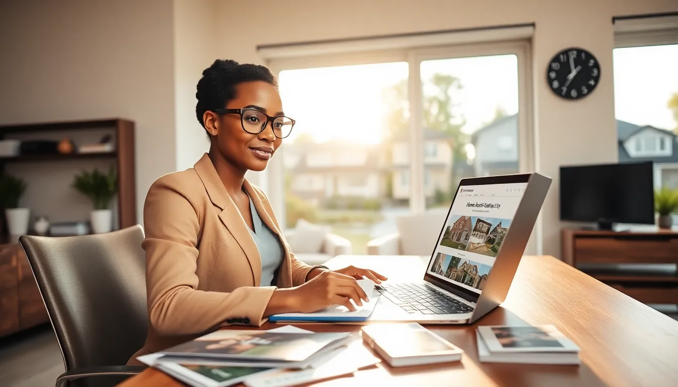 a woman working at a desk with real estate resources and a sunny neighborhood view.