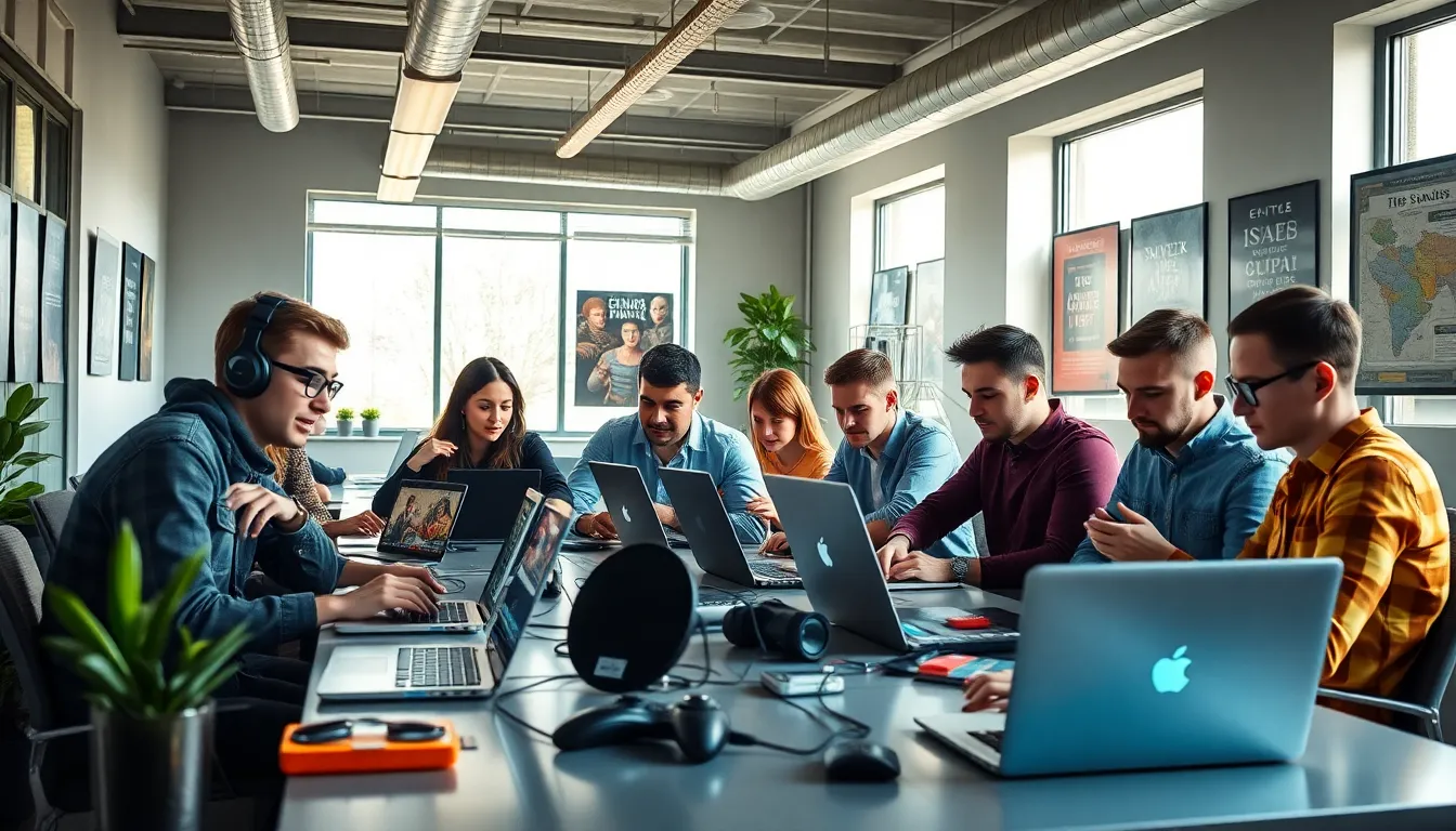 diverse gamers collaborating in a modern workspace.
