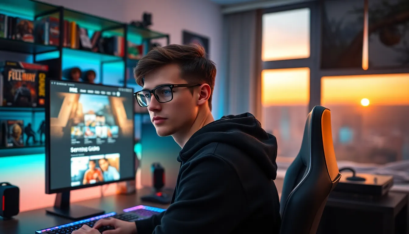 a gamer at a desk with dual monitors and game memorabilia in a studio.
