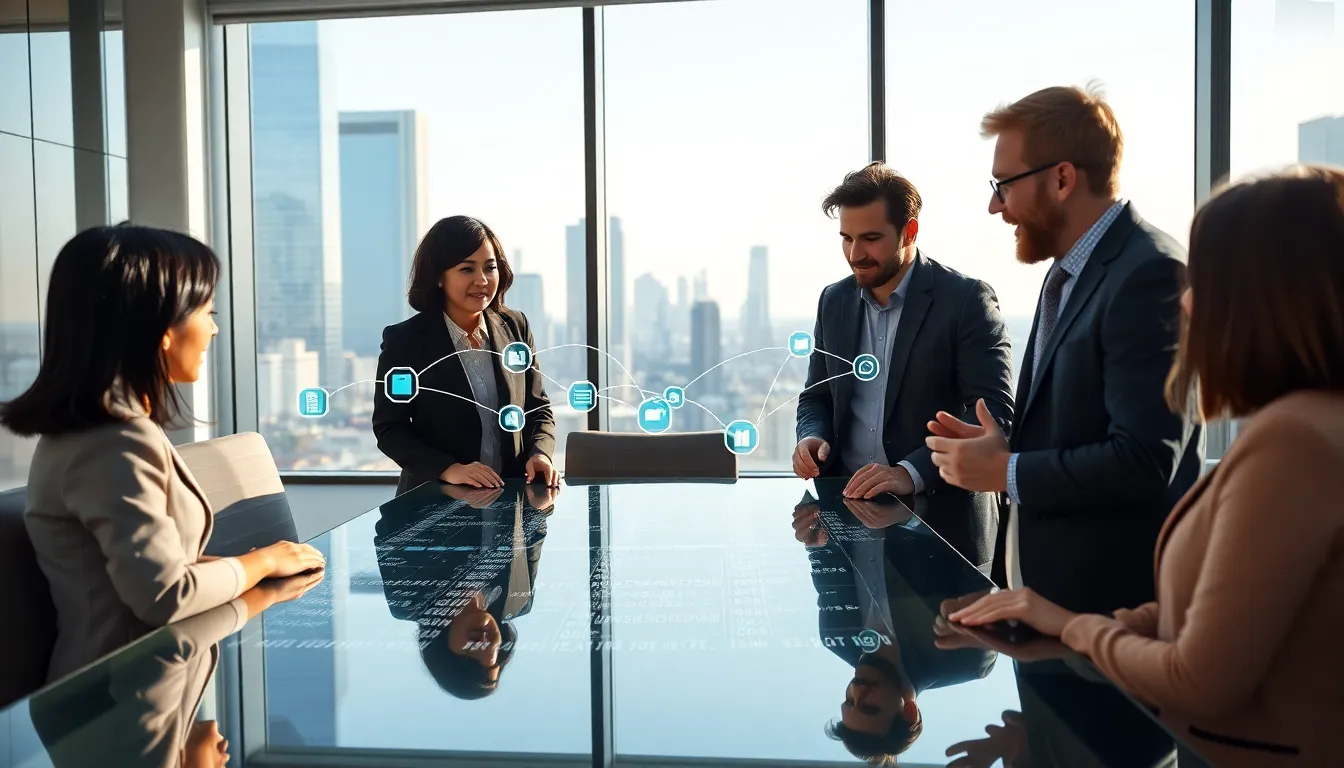 diverse professionals discussing blockchain technology in a modern office.