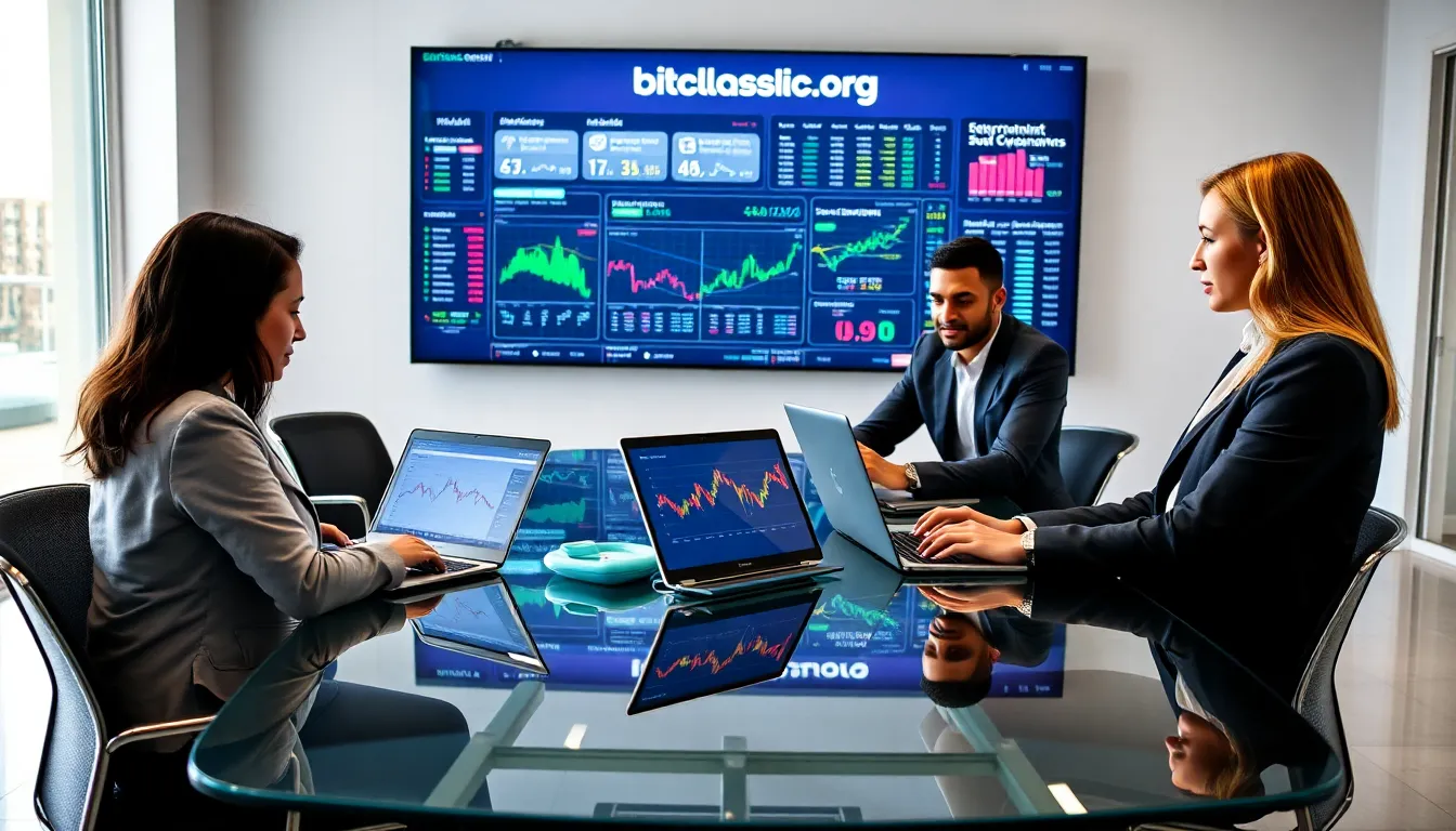 professionals collaborating in a modern office on cryptocurrency trading.