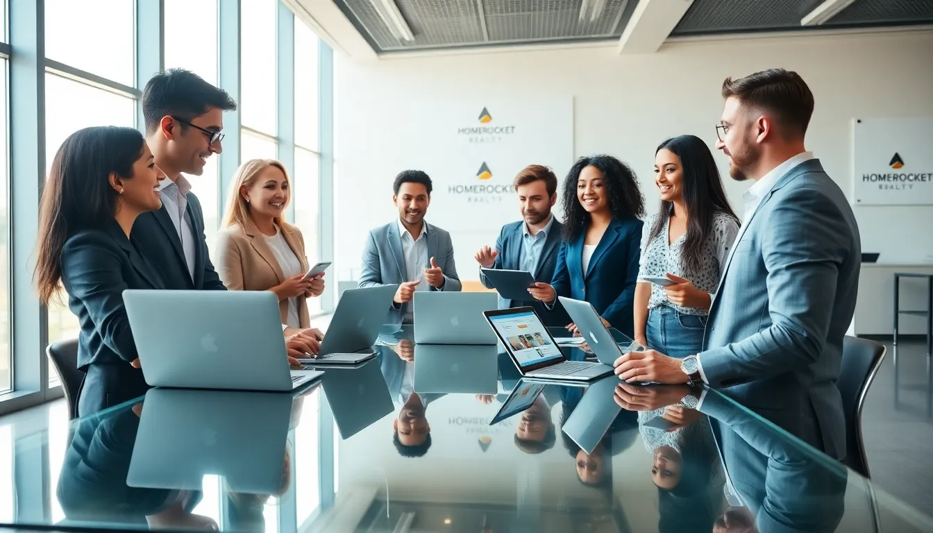 Diverse real estate team collaborating in a modern office.