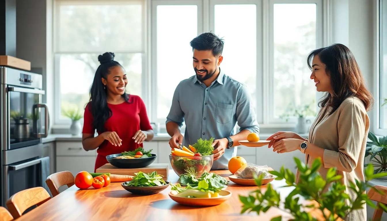 diverse group cooking in a bright, modern kitchen.