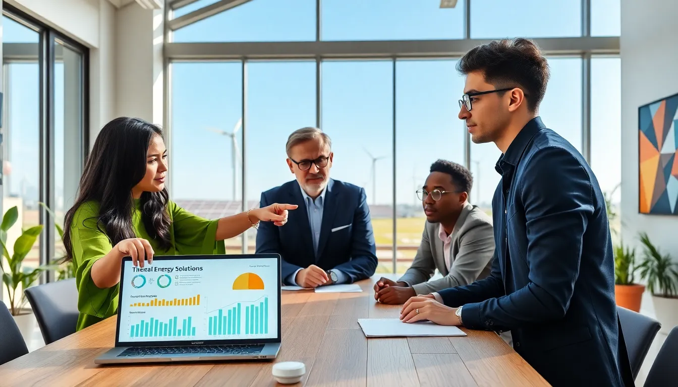 diverse team discussing renewable energy solutions in a modern office.