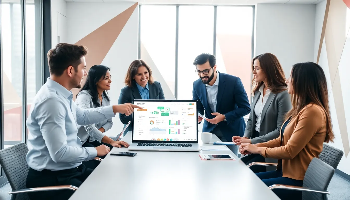 diverse professionals collaborating in a modern office setting.