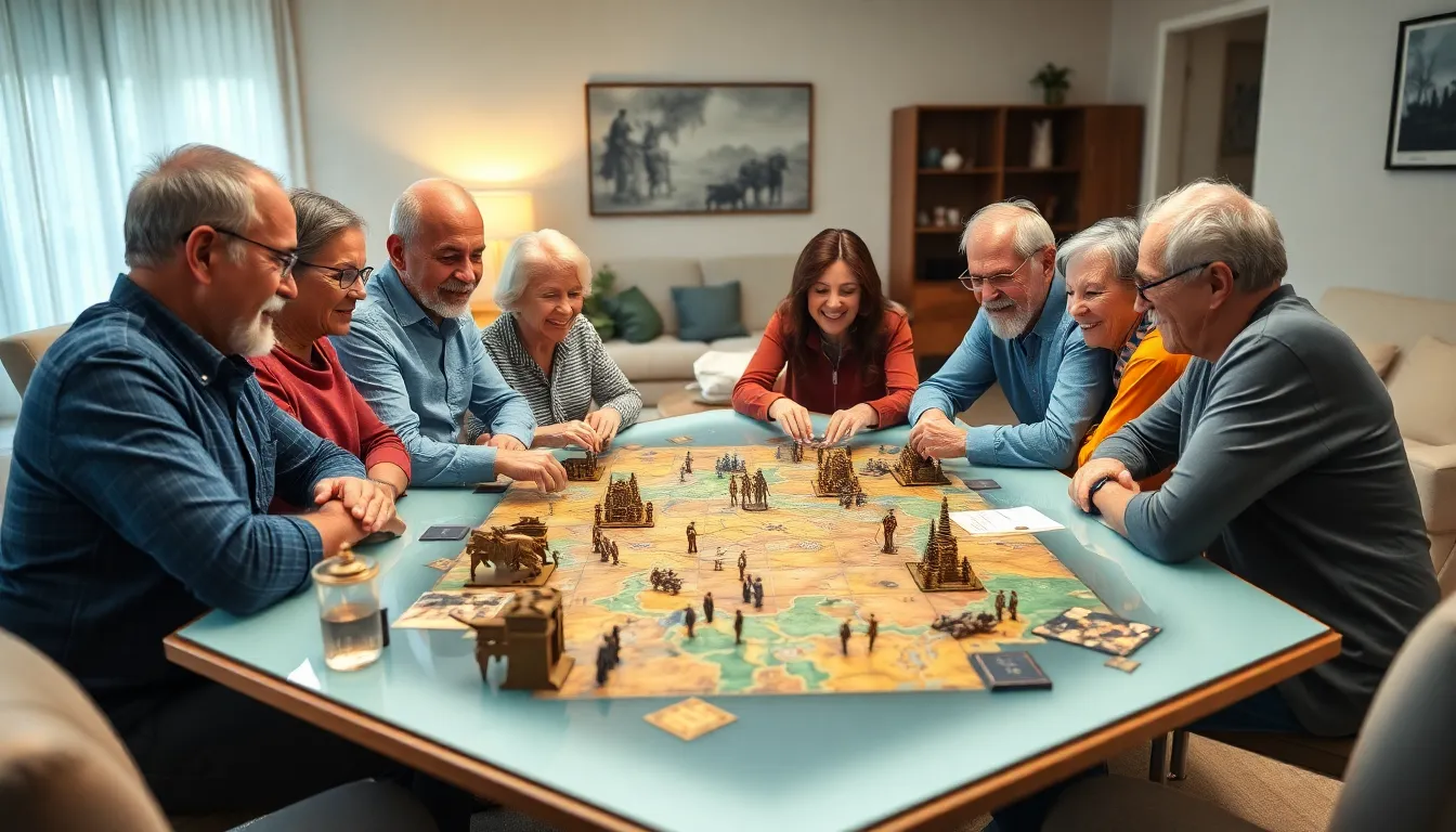 seniors playing a war game in a cozy living room setting.