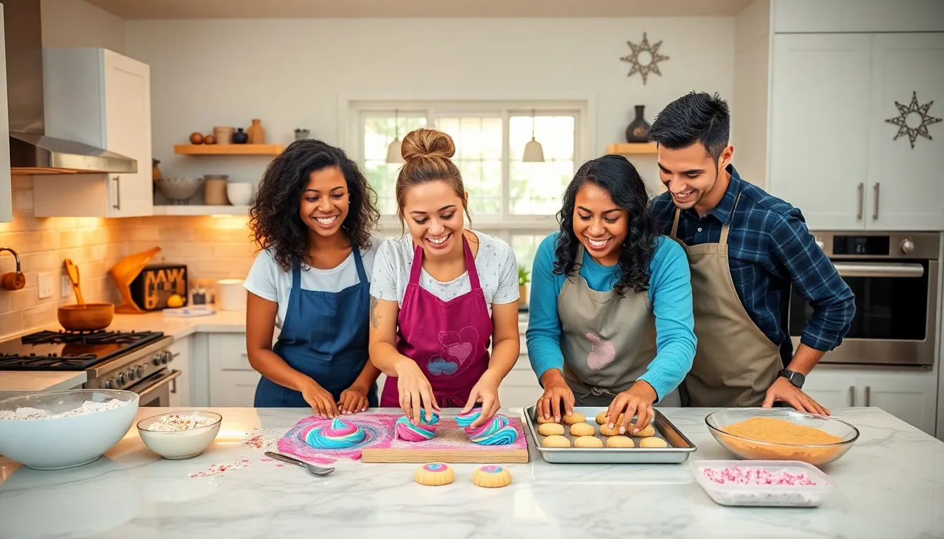 diverse bakers creating colorful nebula cookies in a cozy kitchen.