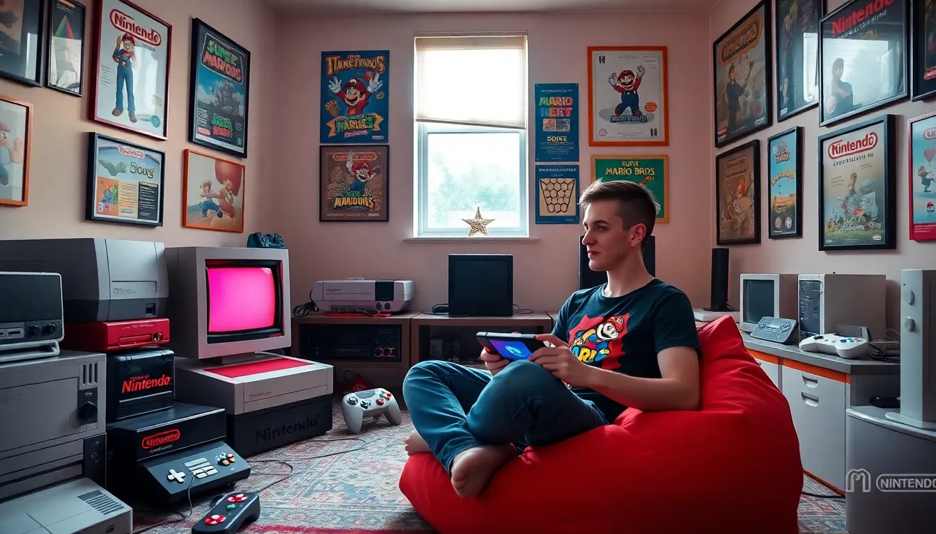 a gaming room showcasing Nintendo consoles from different eras.