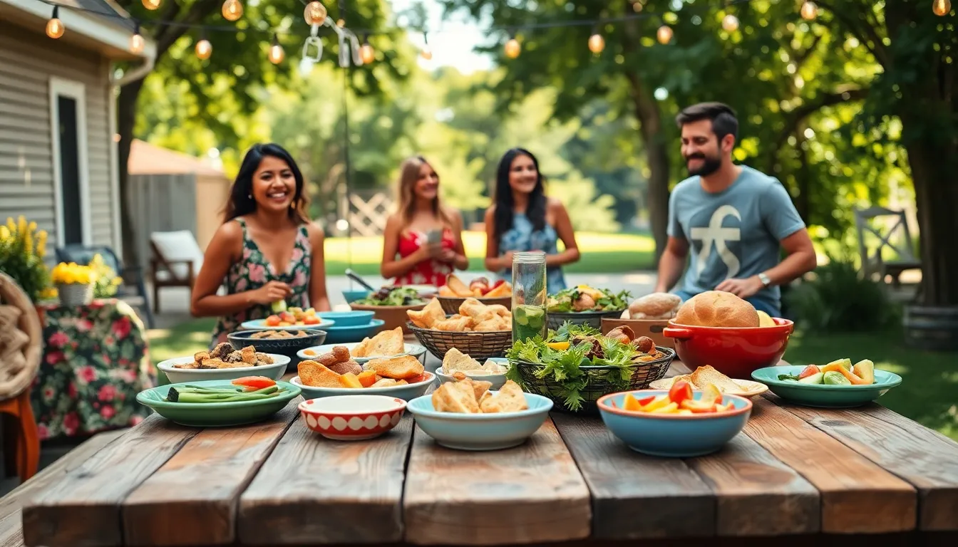 A vibrant backyard barbecue scene with friends enjoying homemade food.