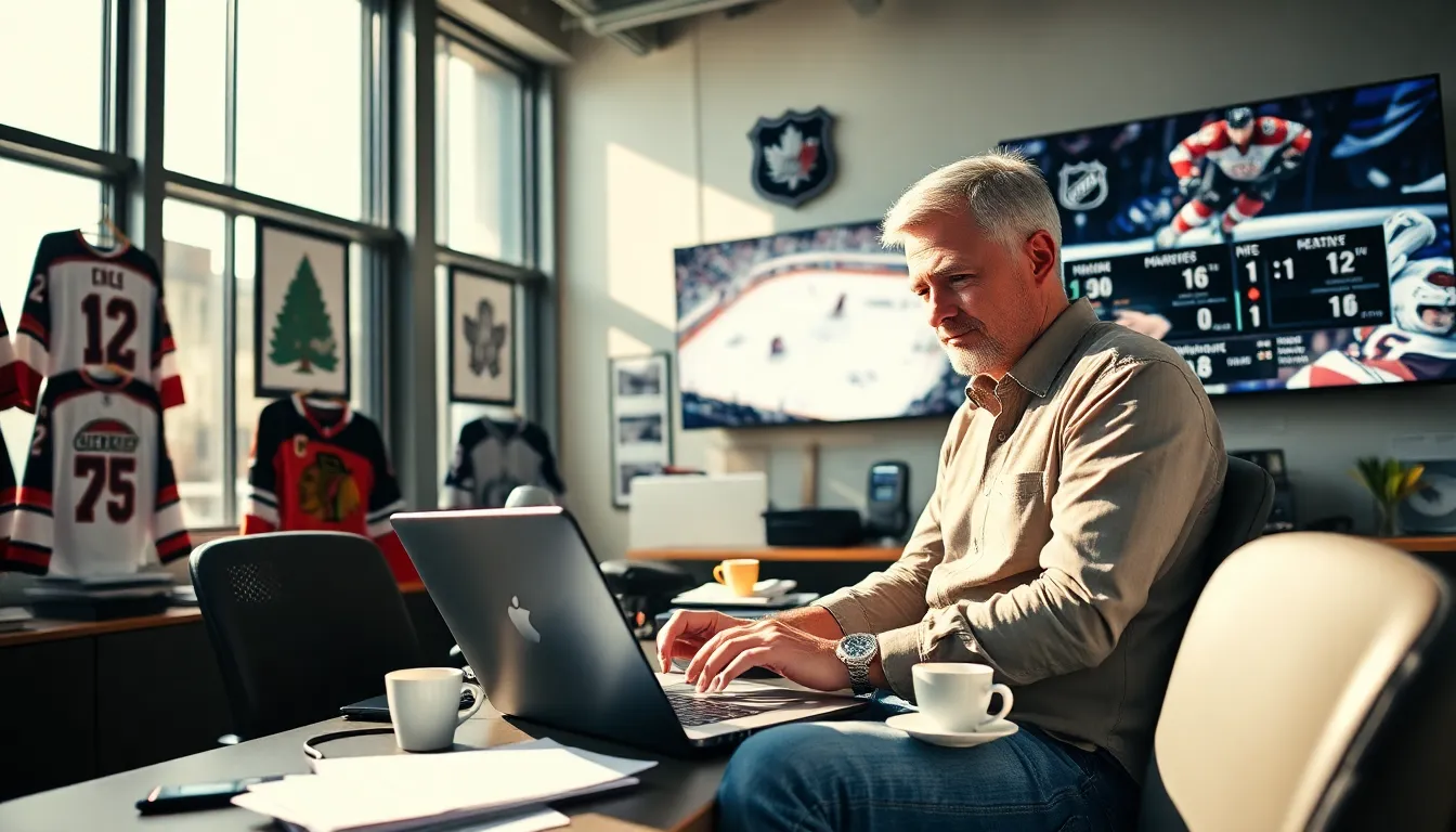 A sports editor working on hockey news in a modern office.