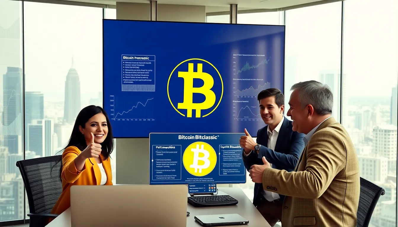 a diverse group discussing Bitcoin Bitclassic in a modern office setting.