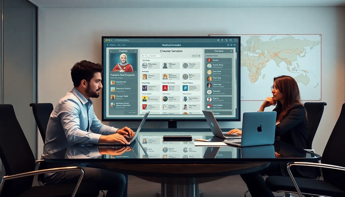 professionals discussing character generation for CK2 in a modern workspace.