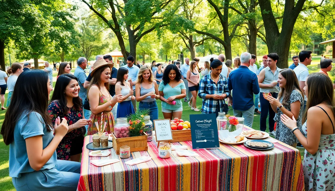 diverse group celebrating at a thrifty outdoor event in a park.