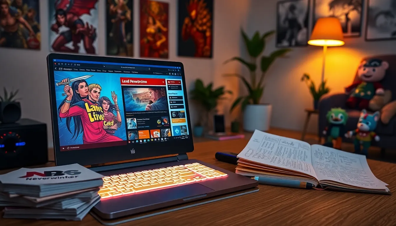 A gaming setup with Neverwinter fan art and a laptop displaying Redwebzine.