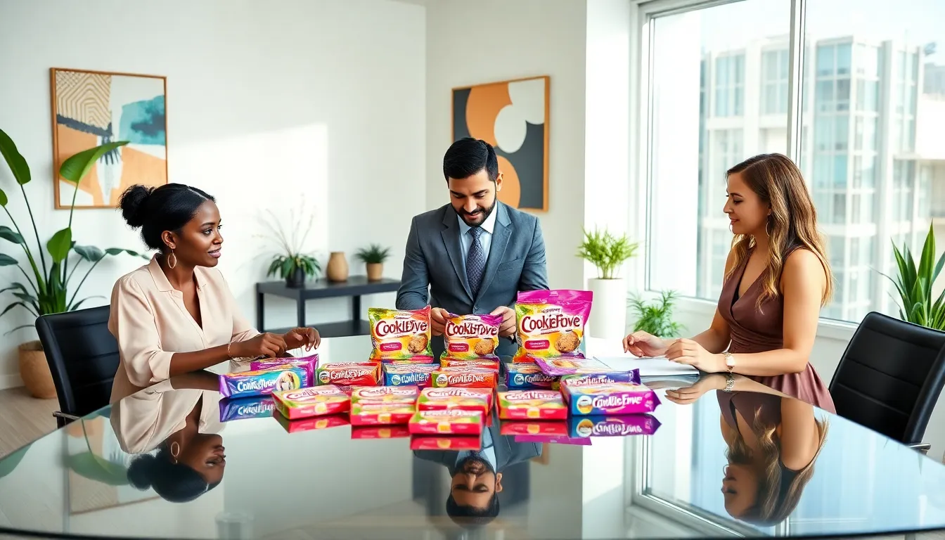 diverse team designing cookie packaging in a modern office.