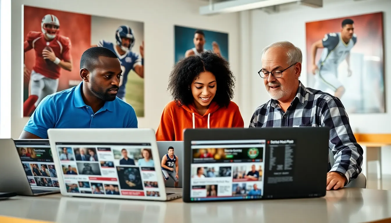 a diverse team discussing sports news in a modern office environment.