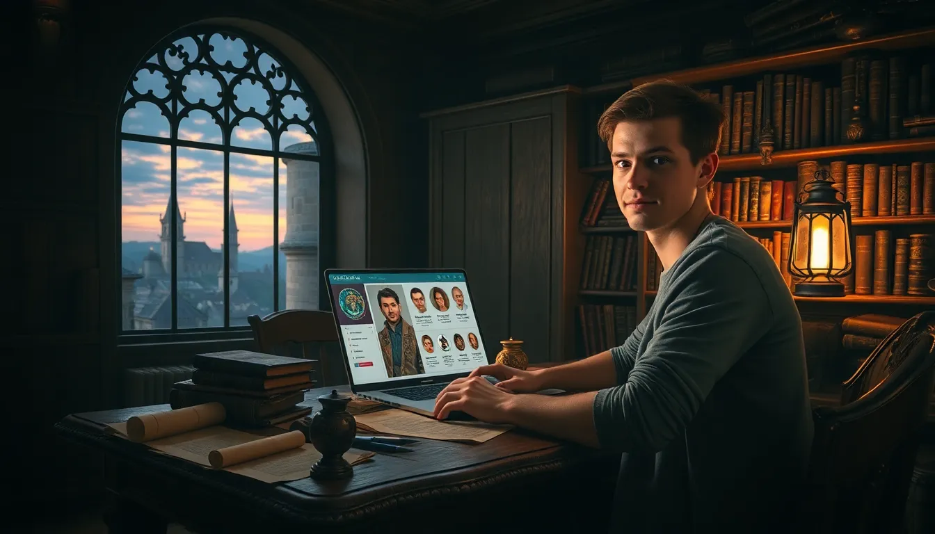 a gamer using CK2Generator in a medieval-themed study.