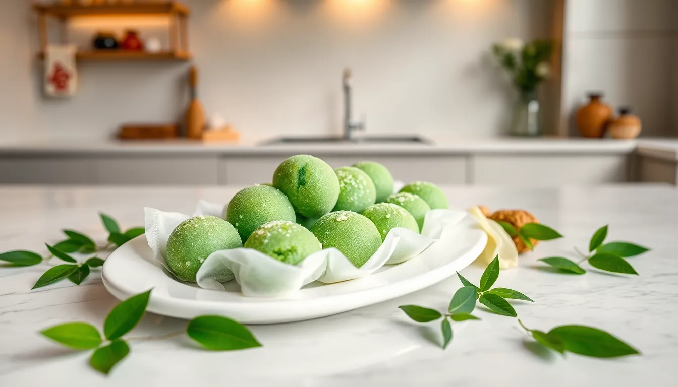 A plate of green mochi delights elegantly arranged in a modern setting.