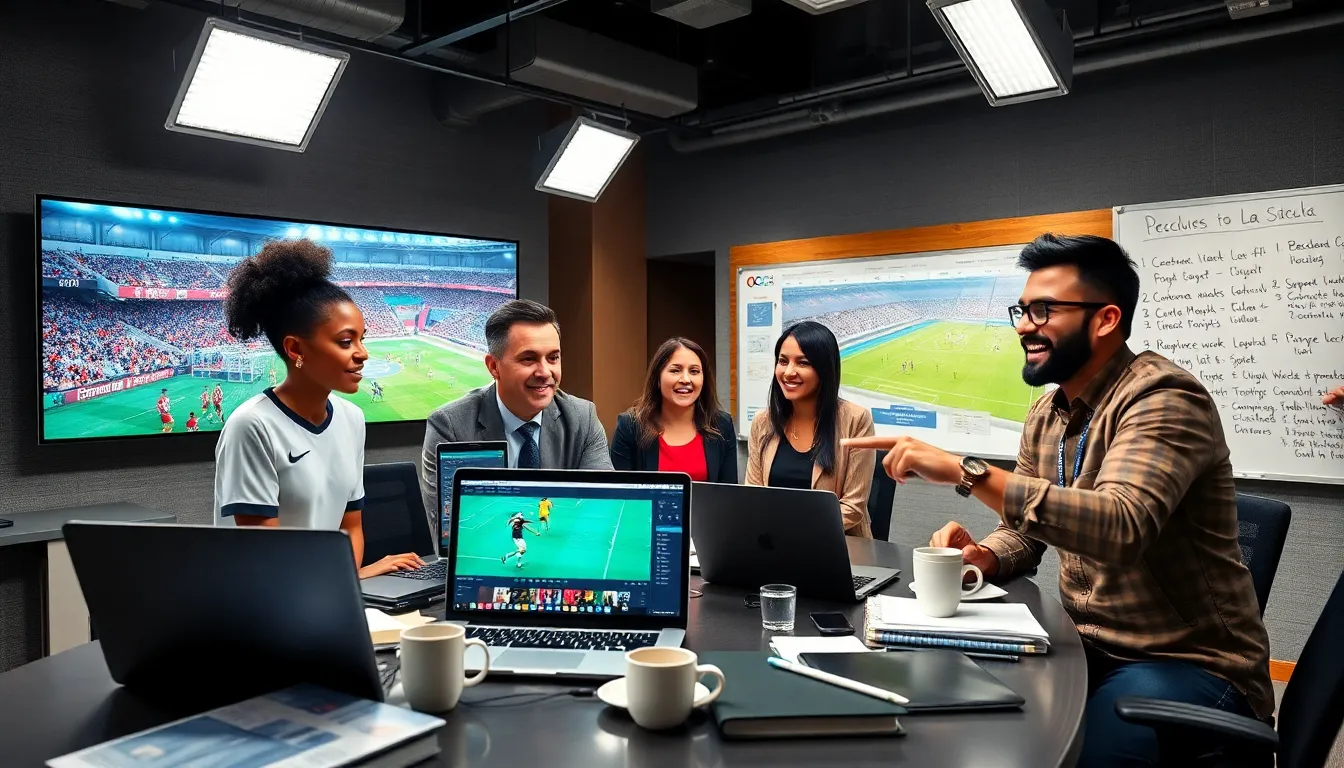 sports journalists discussing football updates in a lively newsroom.