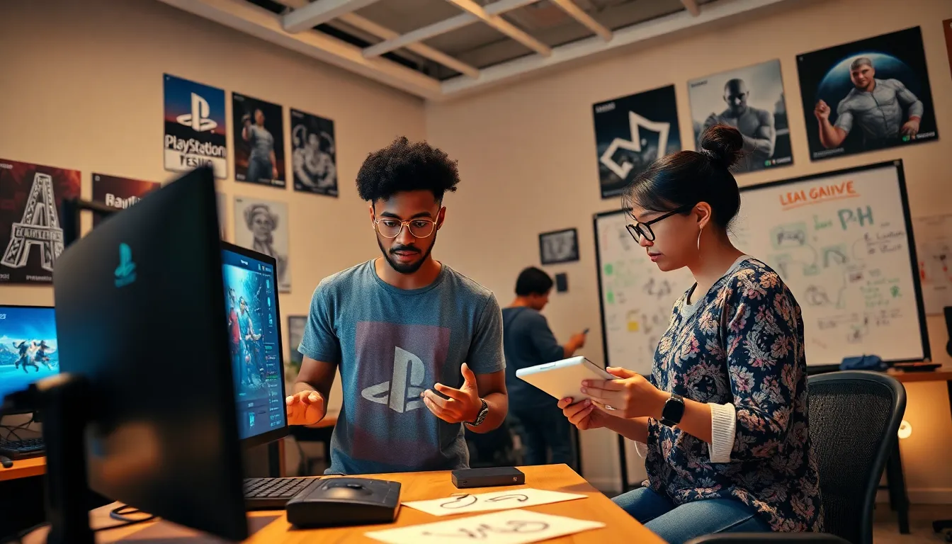 a diverse group of game developers collaborating in a dynamic studio setting.