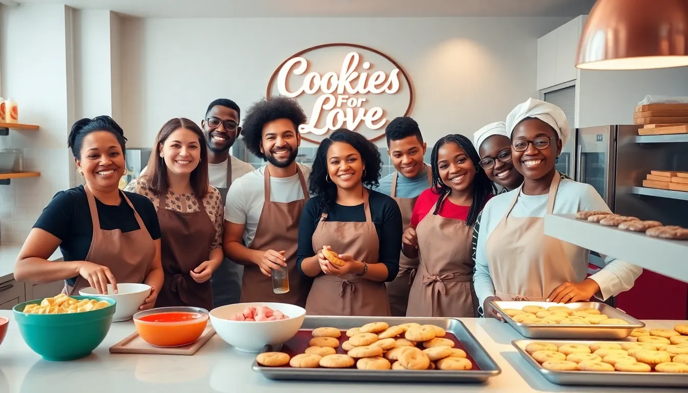 diverse bakers in a modern bakery creating cookies with joy.