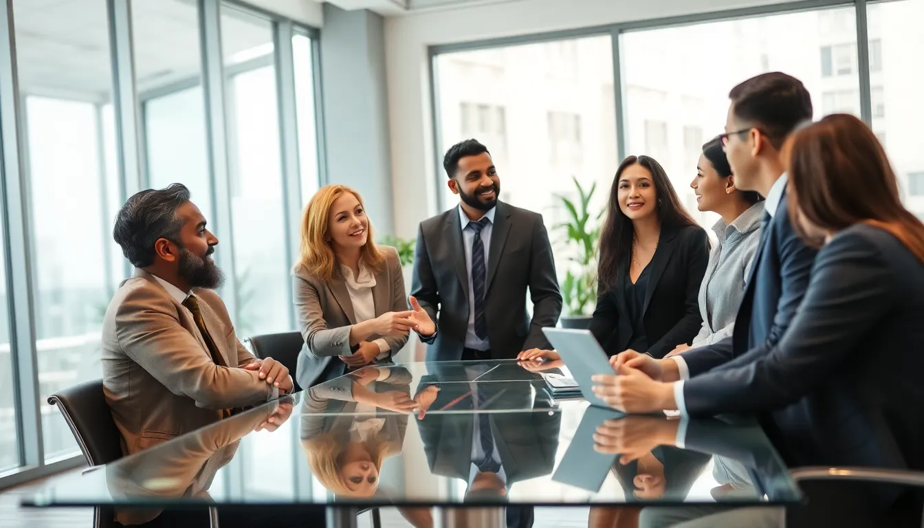 diverse professionals engaged in discussion around a conference table.