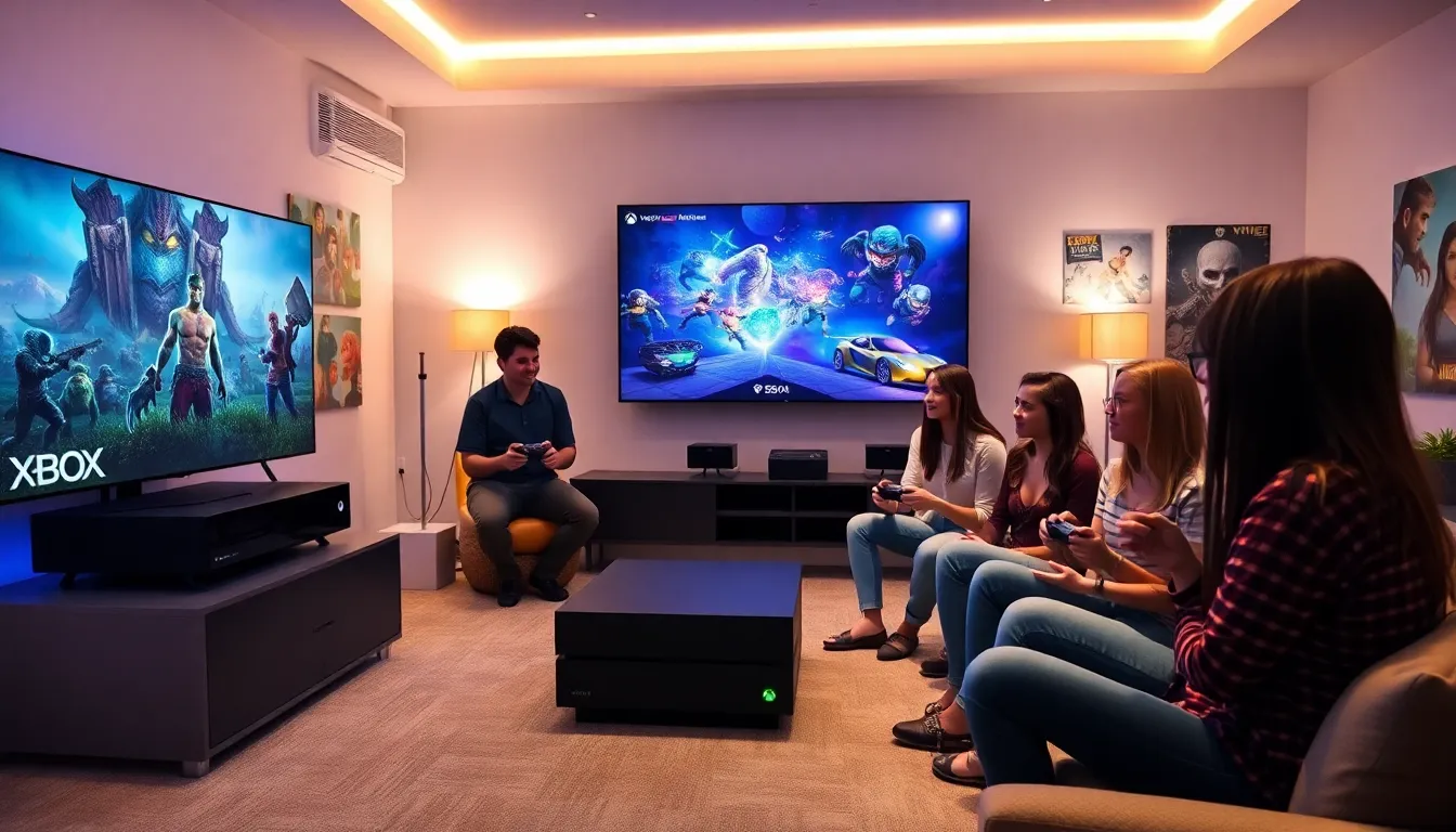 diverse group playing Xbox ImagineerGames in a modern gaming room.