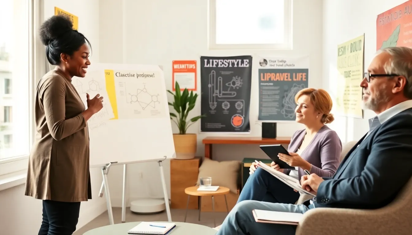 A group discussing science and lifestyle in a bright, inviting room.